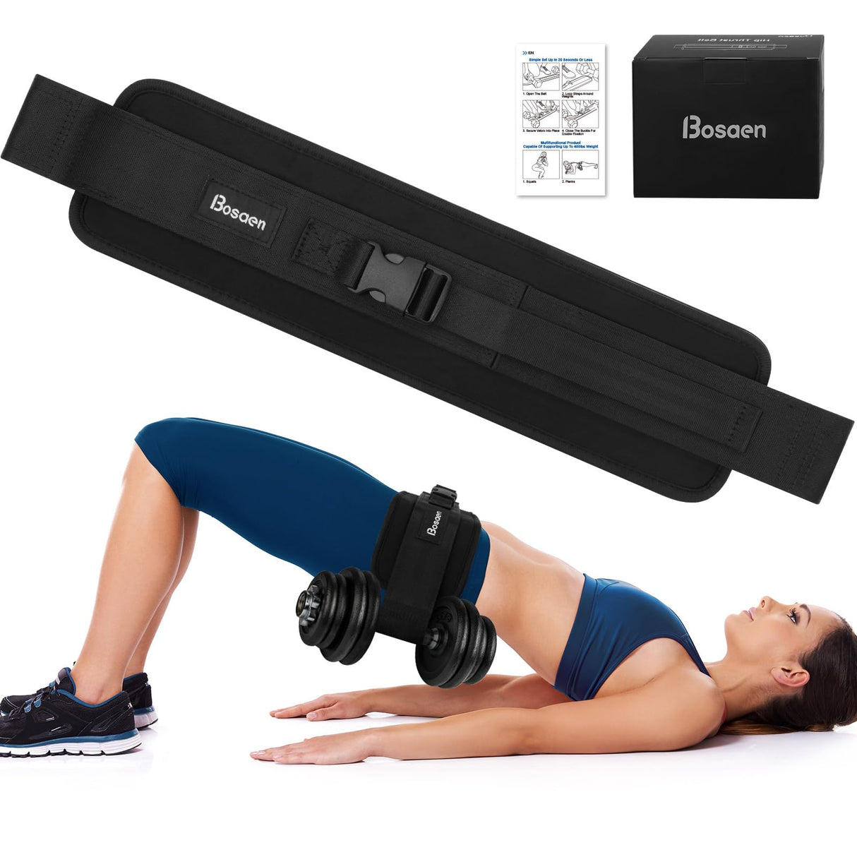 Bosaen Hip Thrust Belt, Dumbbell Belt with 6.5mm Thick Non-slip Padding for Safety & Relieve Pressure, Booty Belt with Stronger Load-Bearing, Easy to Use with Dumbbells, Kettlebells or Plates