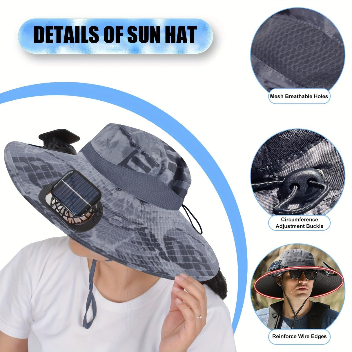 Outdoor Wide Brim Sun Hat with 2 Solar Fan Sun Bucket Hat for Men Women UPF 50+ Bucket Fishing & Beach Hat with Fan Built in(Gray)