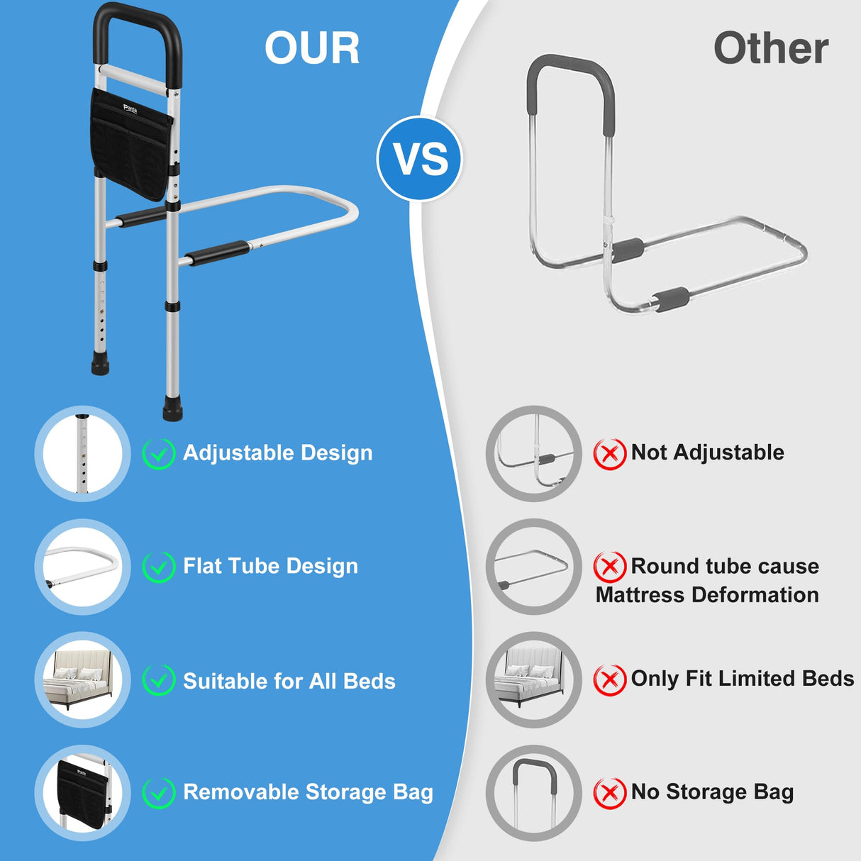 Bed Rails for Elderly Adults Safety, Adjustable Bed Assist Rails for Seniors, Bed Side Rails with Support Legs and Storage Pocket, Portable Bed Cane Fit King, Queen, Full, Twin Bed, Black