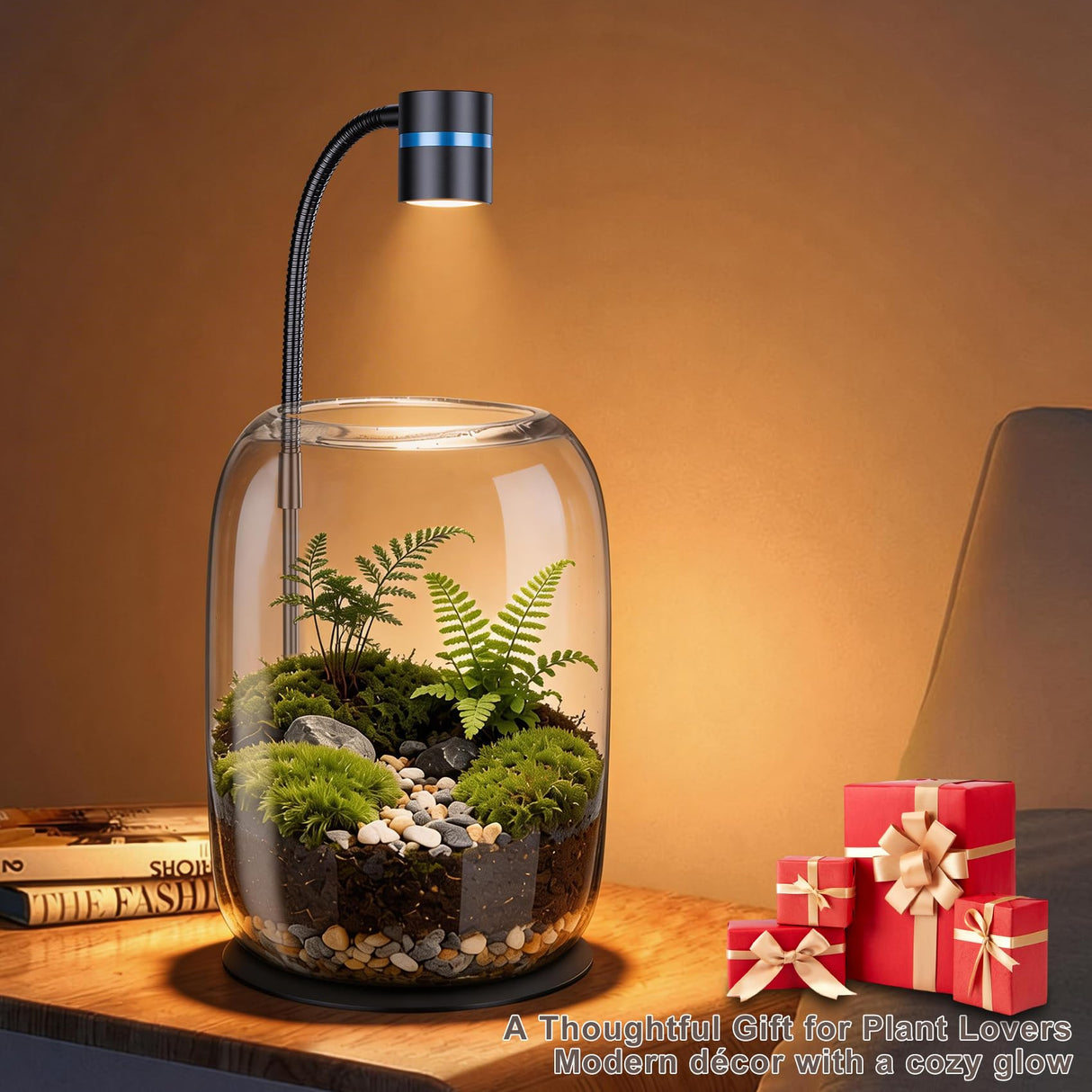 Yeeweek Glass Plant Terrarium with LED Grow Light, Grow Light for Terrarium, Small Desktop Indoor Planter for Venus Fly Trap, Moss & Succulents, Borosilicate Decor Jar for Plant Lovers
