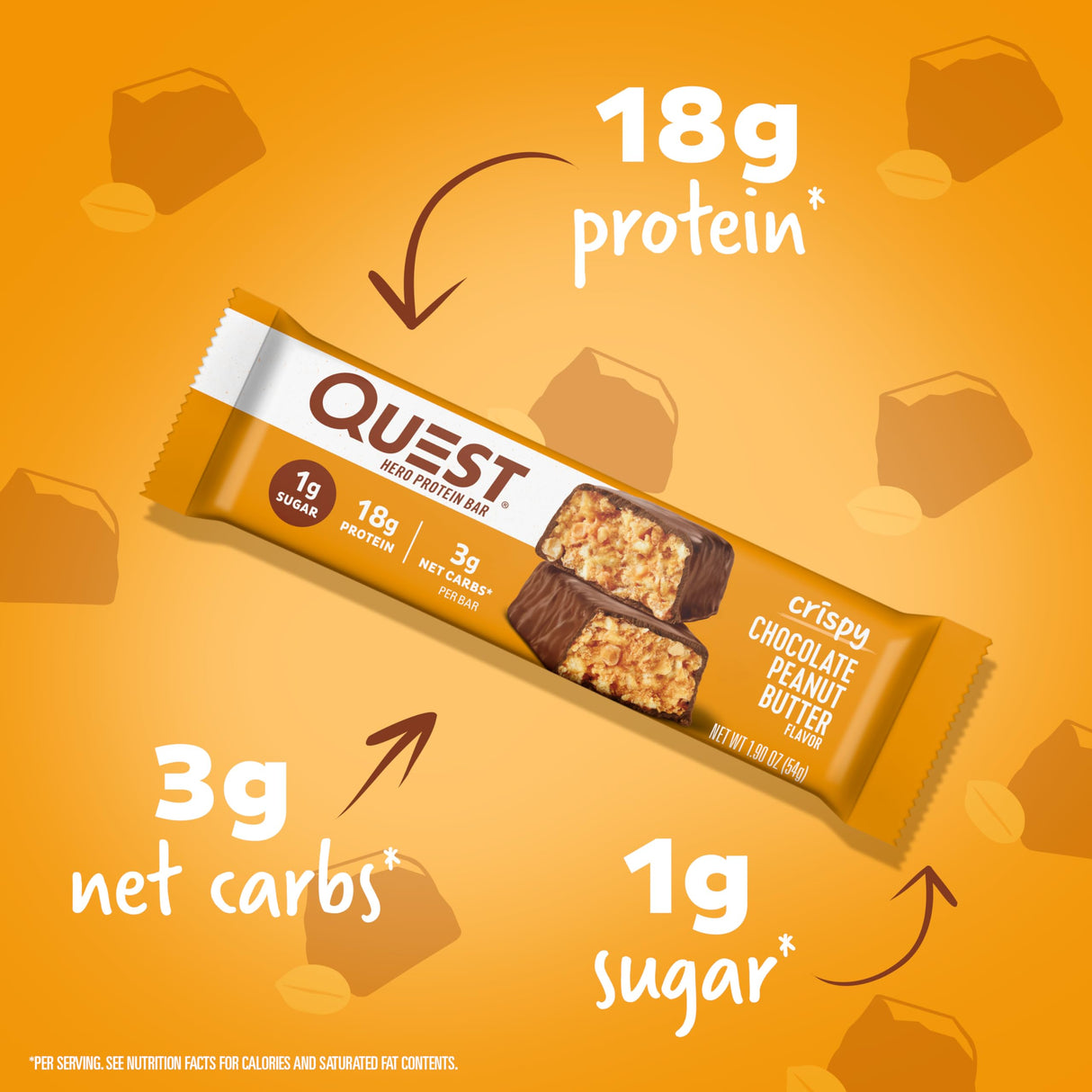 Quest Nutrition Crispy Chocolate Peanut Butter Hero Protein Bar, 18g Protein, 1g Sugar, 3g Net Carb, Gluten Free Protein Snack, Keto Friendly, 12 Count