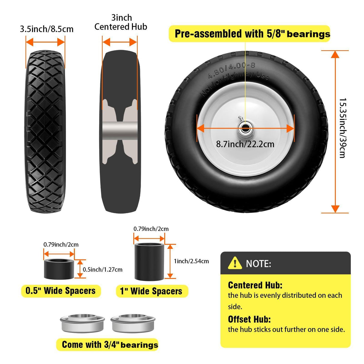 4.80/4.00-8 Wheelbarrow Tire and Wheel 16" Flat Free Solid 2PCS Hand Truck