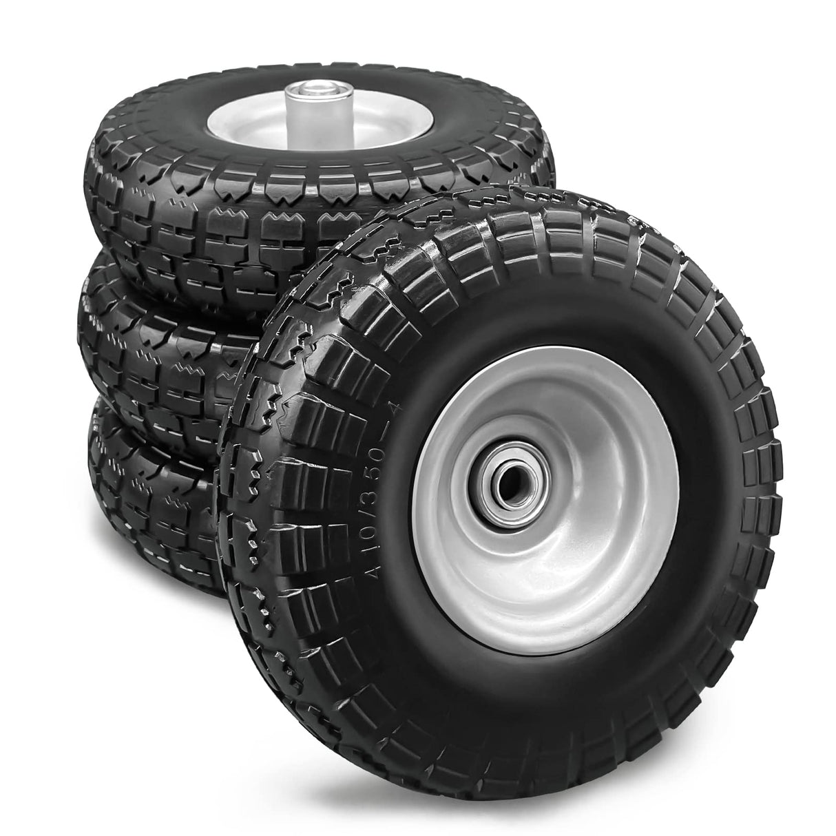 4 Pcs 4.10/3.50-4 Flat Free Tires and Dolly Wheel,10" Solid Non-inflated Tires Wheels with 5/8 Ball Bearings, 2.24" Offset Hub for Wheelbarrow, Wagon Carts, Trolley, Hand Truck, Various Tool Carts