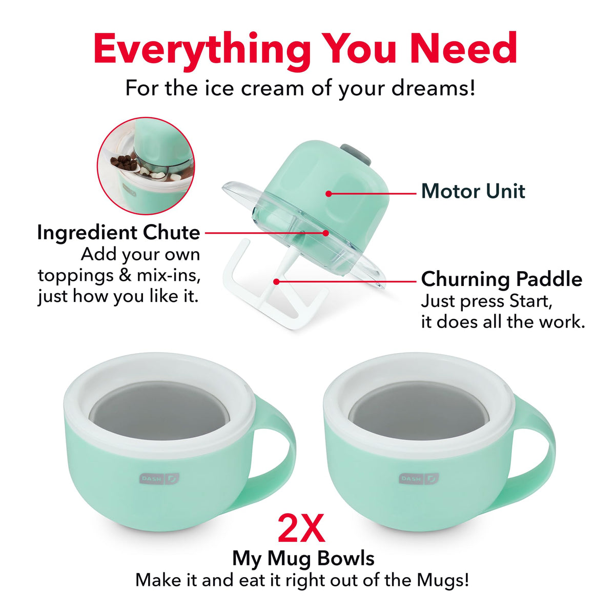 Dash My Mug Ice Cream Maker 2 Pack Bundle, Half-Pint Freezer Mugs, Aqua