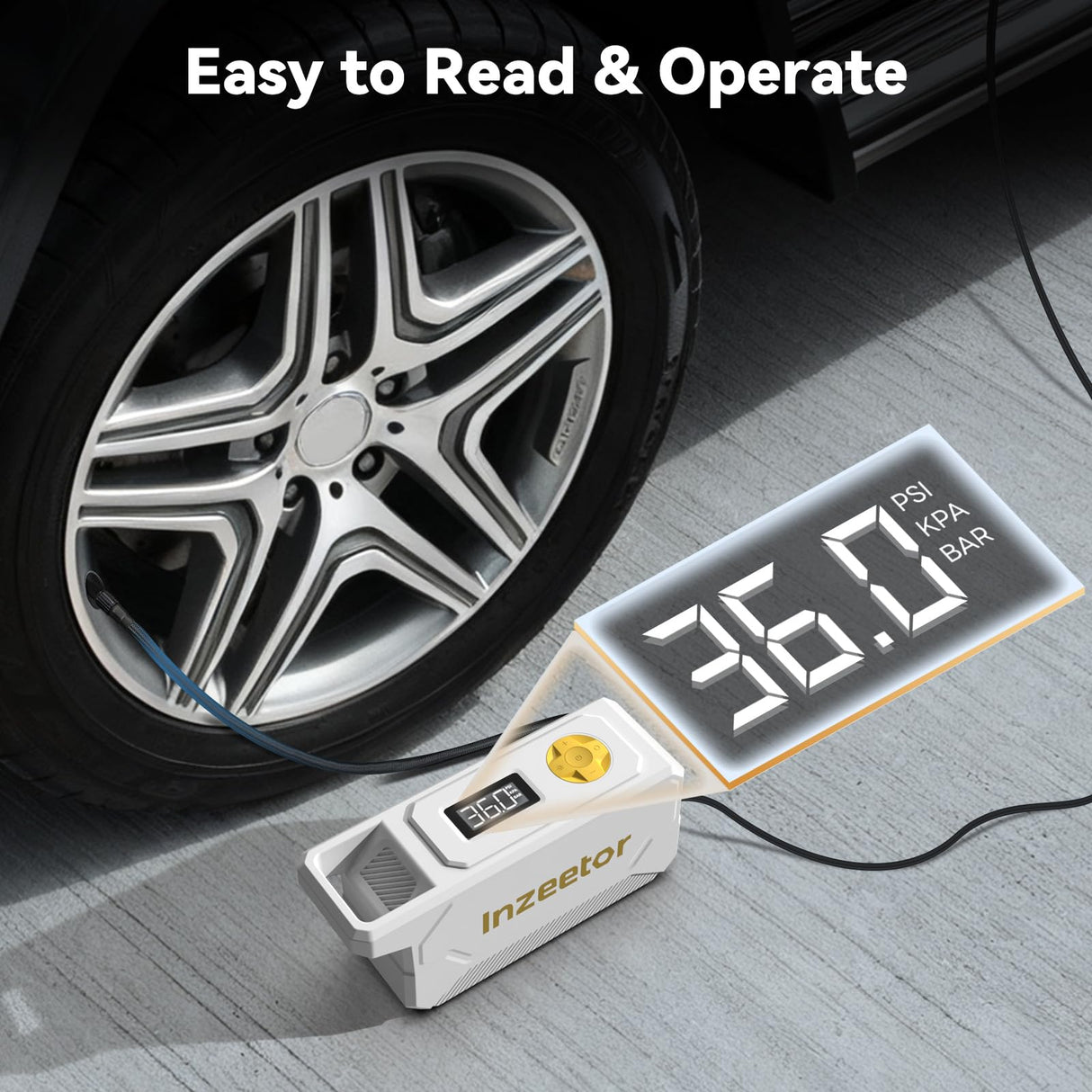 Inzeetor 150 PSI Tire Inflator Portable Air Compressor, 12V DC Auto Shutoff Air Pump with Digital Pressure Gauge and Emergency LED Light for Car Tires, Bicycle & Balloons, White