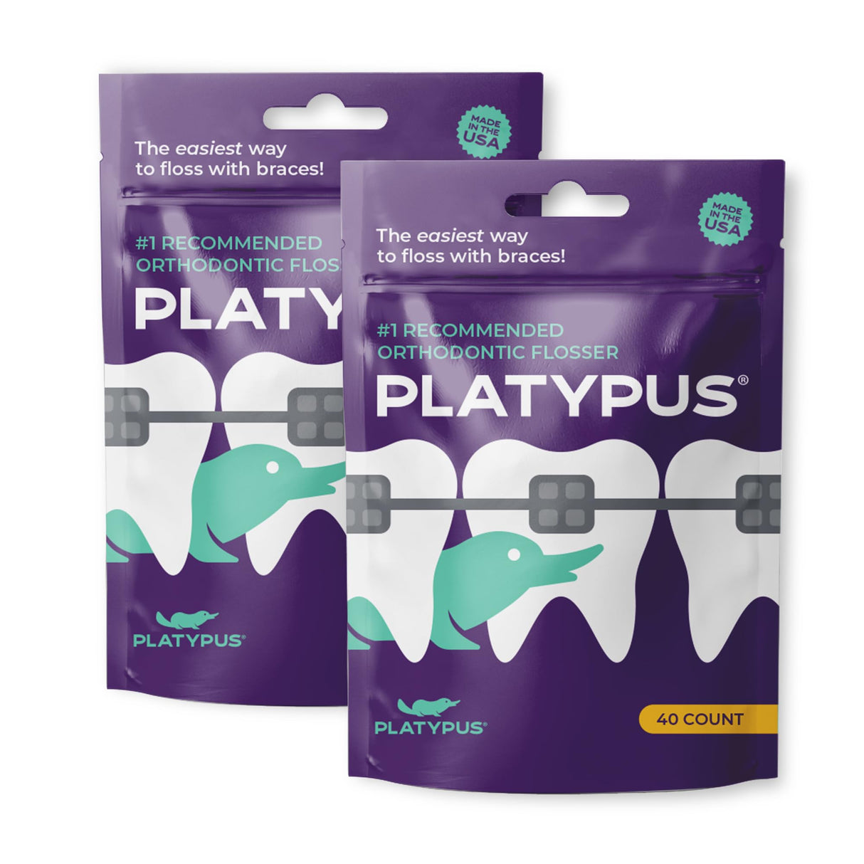 Platypus Orthodontic Flossers for Braces, 40 Count (Pack of 2), Ortho Picks for Adults & Kids, Fits Under Arch Wire, Non-Damaging, Encourage Flossing Habits