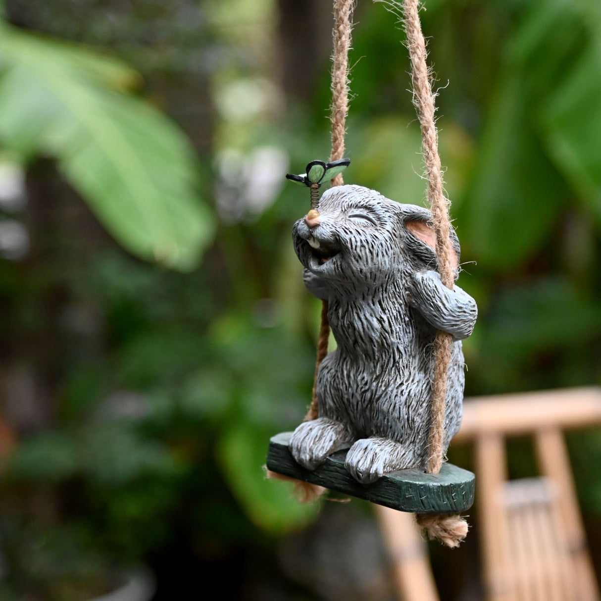 OwMell Garden Rabbit Statues, Cute Swing Bunny with Butterfly Statue Decoration for Yard Hanging Outdoor, Tree Ornaments Figurine for Stump Branch Lawn Patio Decor