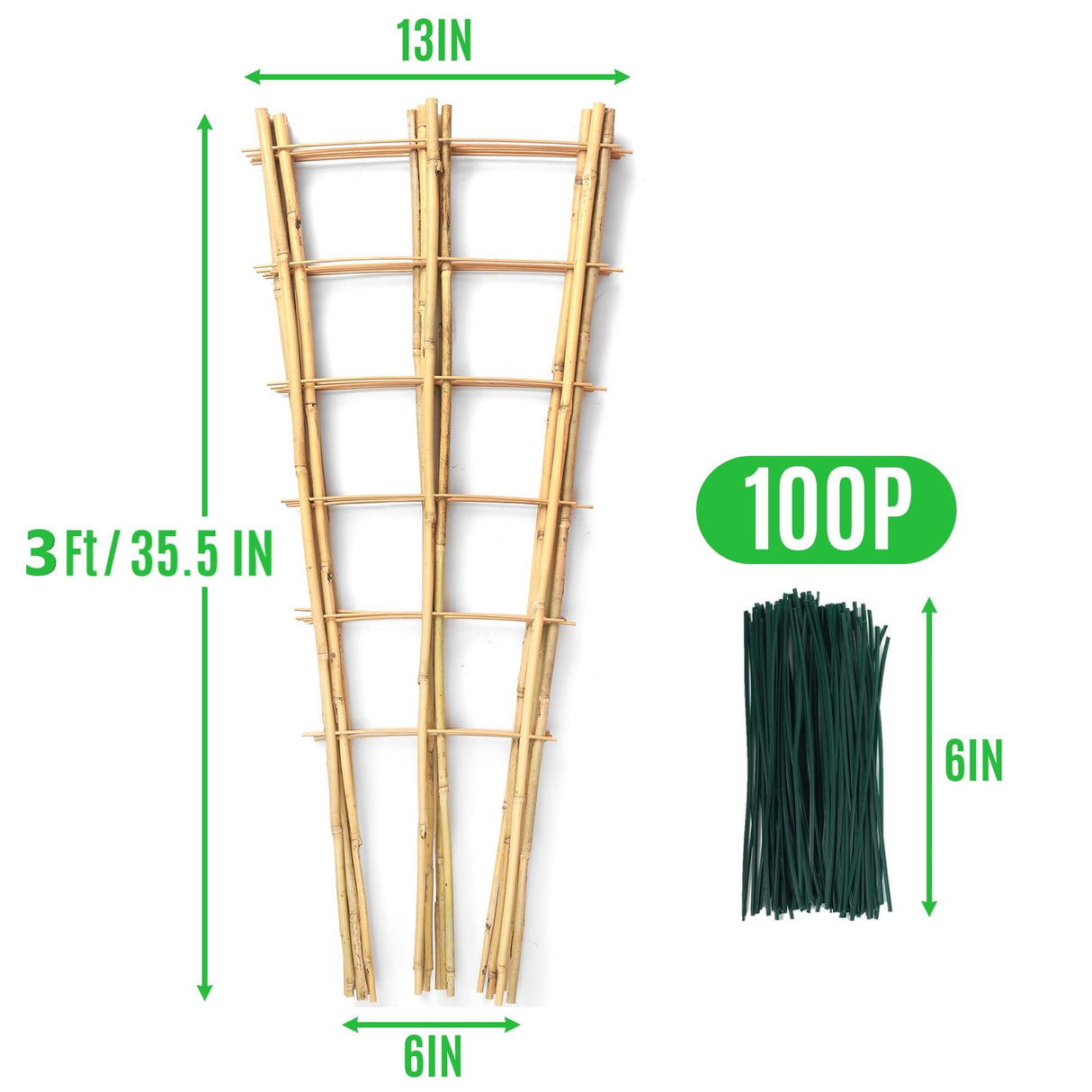 SWANGSA 6 Pack 3Ft Bamboo Trellis for Climbing Plants,35.5 Inch Fan-Shaped Bamboo Plant Trellis with 100pcs Twist Ties for Outdoor and Indoor Potted Plants Garden Stakes