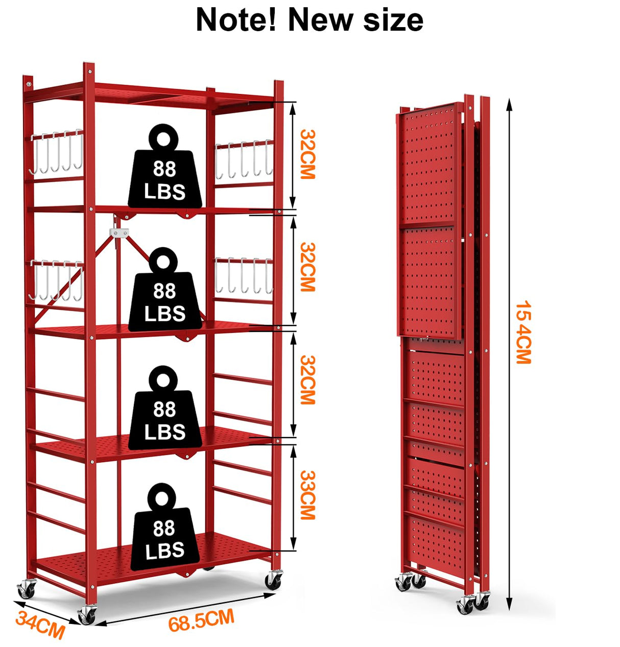 Storage Shelves with 20 Hooks, 5-Tier Foldable Shelves for Storage, Folding Utility Shelf Unit Pantry Shelf with Wheels, Metal Shelving Unit Rack for Garage Christmas Room, Red - No Assembly