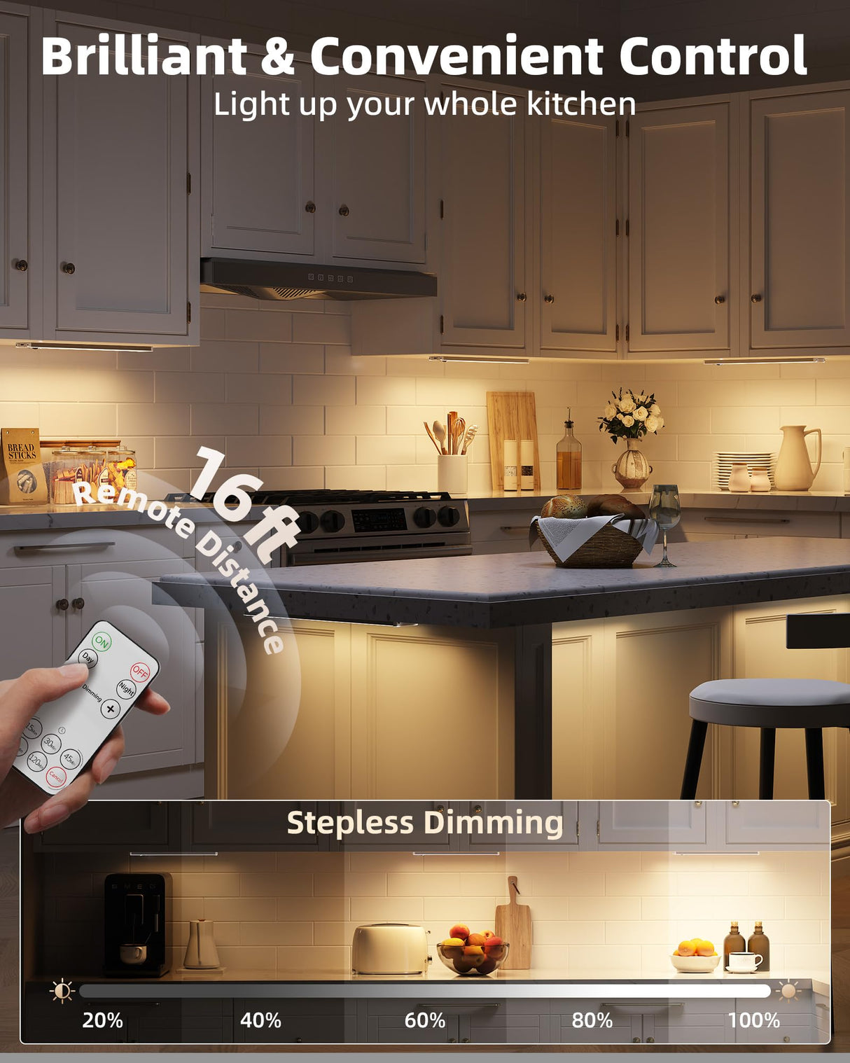 EZVALO 3-Pack Under Cabinet Lighting, 2400mAh Motion Sensor Light, LED Closet Lights Wireless, 3000K Dimmable, Timer, Magnetic, with Remote Control for Kitchen, Closet, Stairs