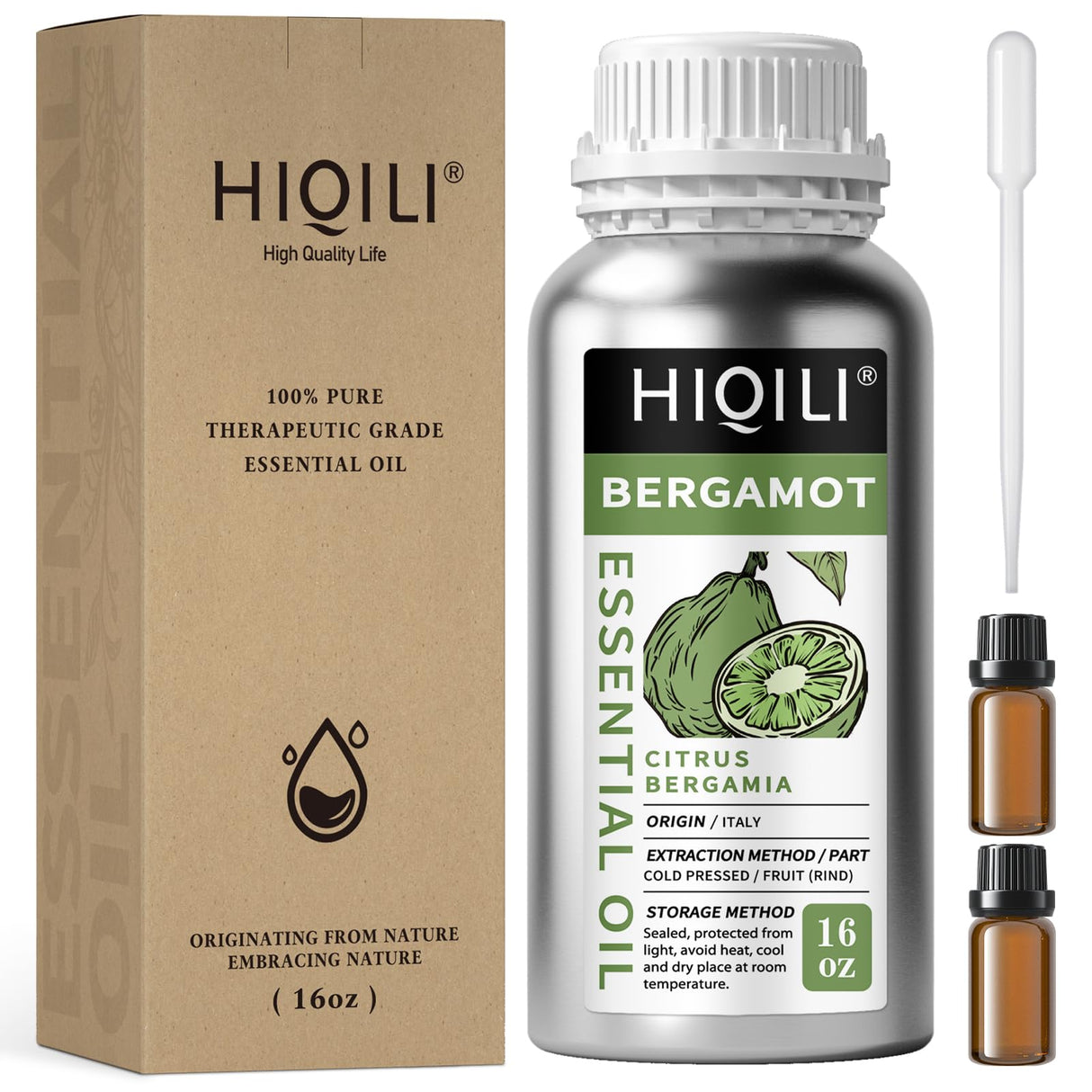 HIQILI Bergamot Essential Oil for Diffuser, Skin, Hair, DIY, 100% Pure & Natural - 16 Fl Oz (500 mL)