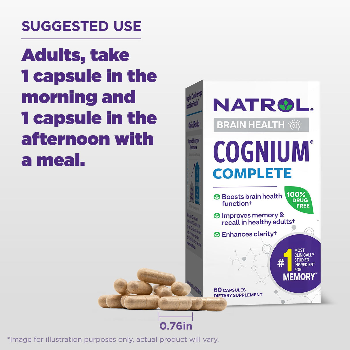 Natrol Cognium Complete, Dietary Supplement for Brain Health, Brain Health Supplements for Adults, 60 Capsules, 30 Day Supply