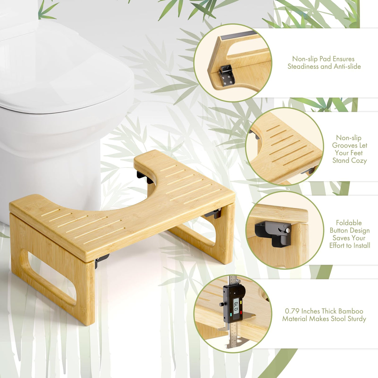 AmazerBath 7 Inches Bamboo Toilet Stool Squat for Adult, Foldable Squatting Potty Stool for Bathroom, Poop Step Stool with Non-Slip Strip, Space-Saving, No Assembly Required, Natural Color