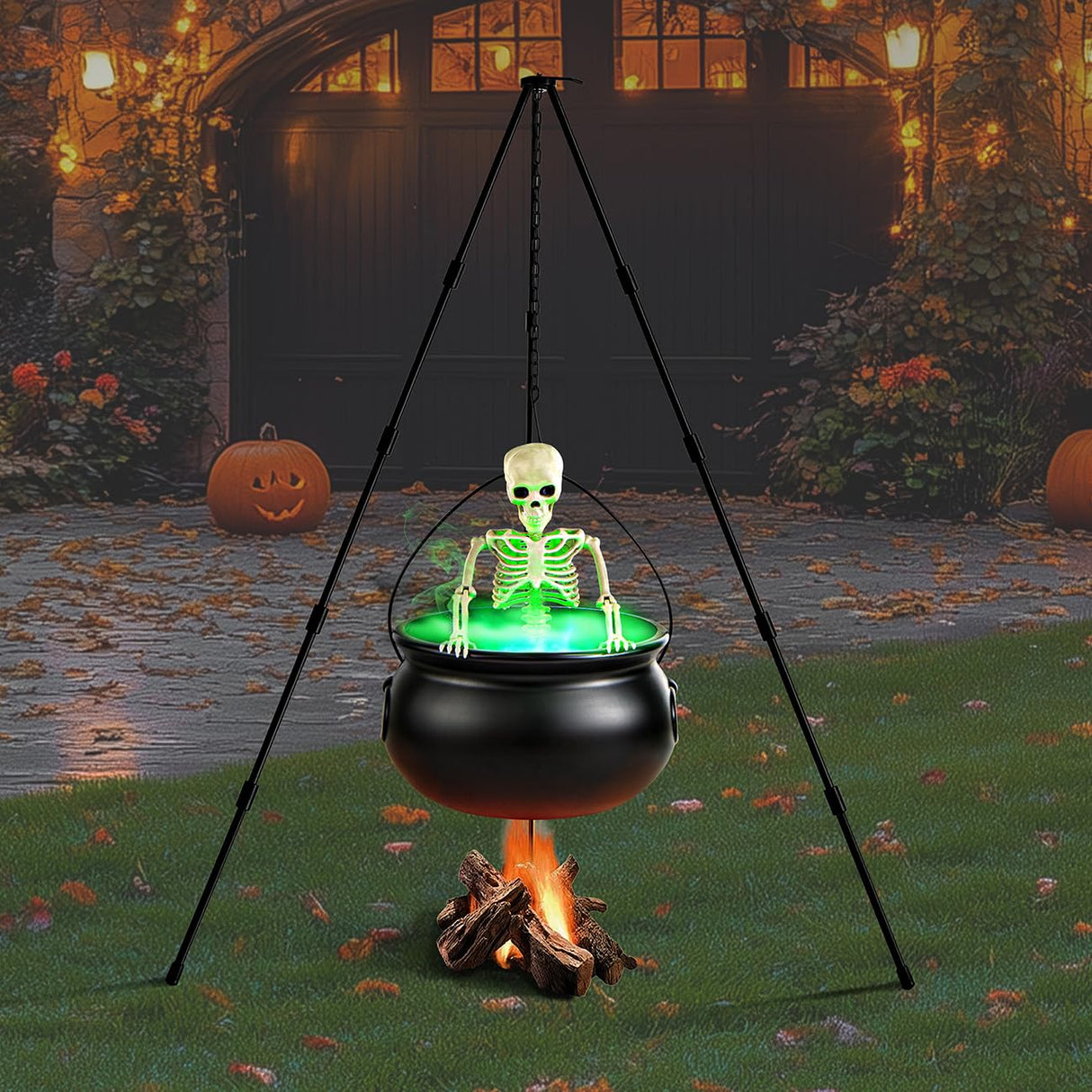 MEADIN Halloween Decorations Outdoor - Large Witches Cauldron on Tripod with Cauldron Diffuserr and Big Skeleton - Black Plastic Cauldron Halloween Decor for Outside Yard Lawn Home Porch Door