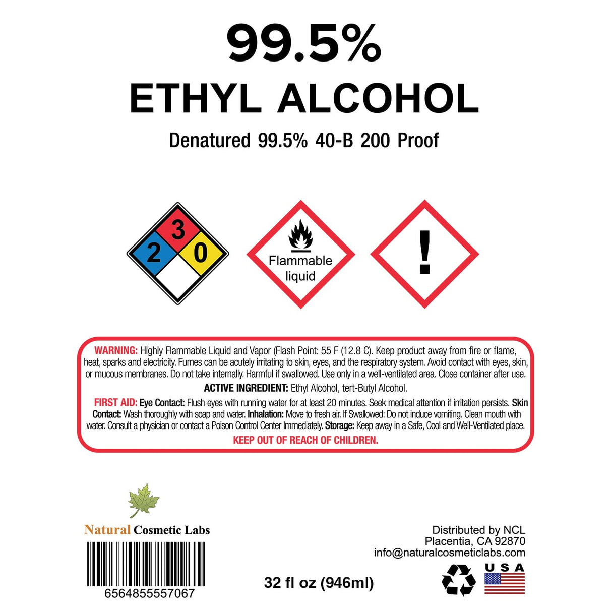 Natural Cosmetic Labs Ethyl Alcohol 99.5% Denatured 40-B 200 Proof Alcohol