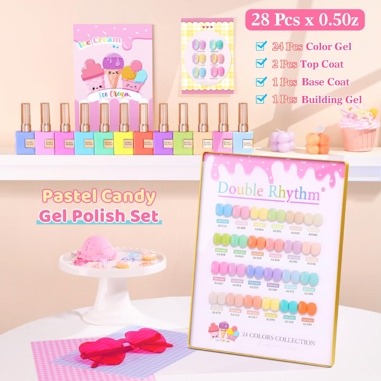 Double Rhythm 28Pcs 0.5Oz Gel Nail Polish Set Same Color Same Bottle Soak Off Gel Polish Kit Nail Art Manicure Salon DIY at Home for Women (Pastel Candy Collection-T24-5)