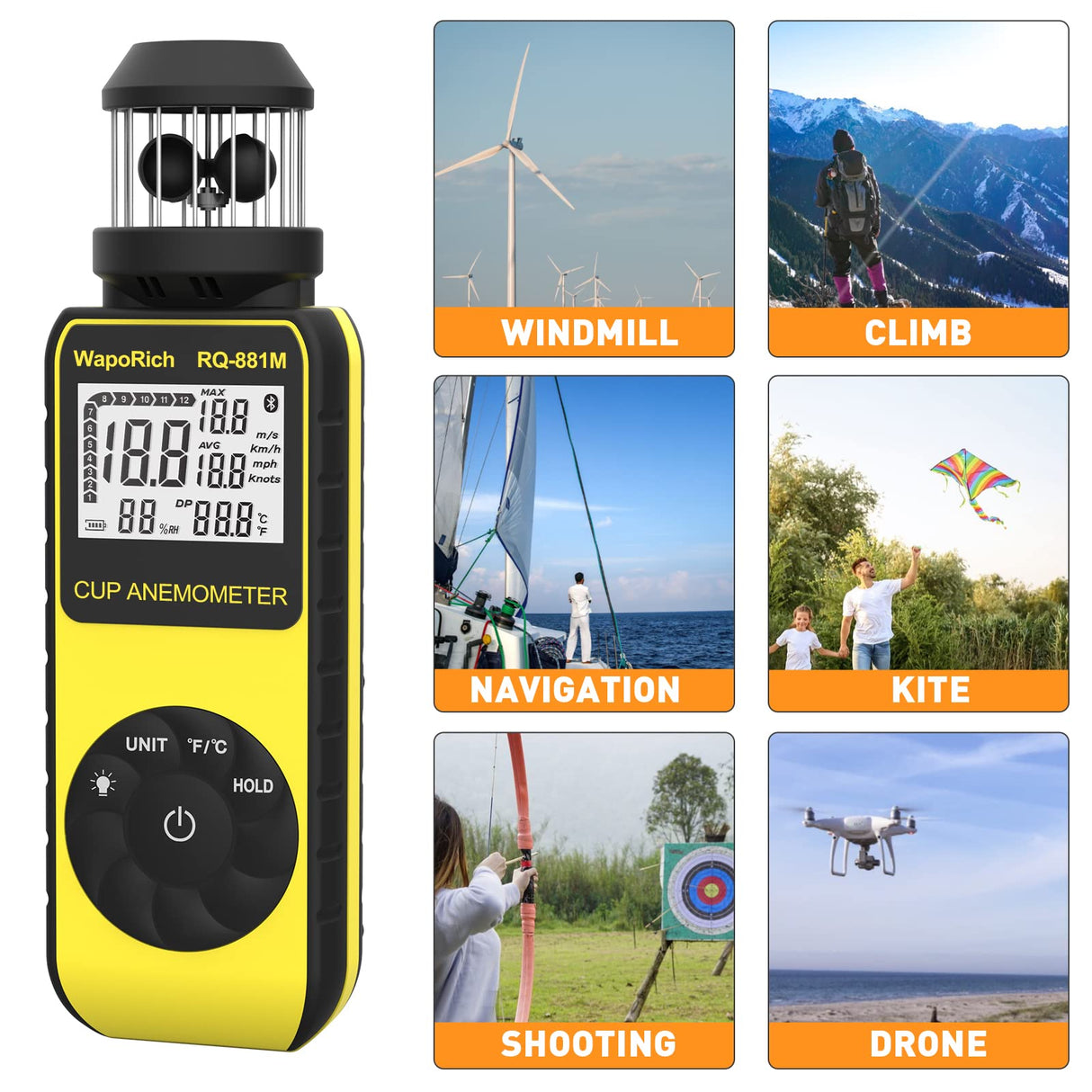 Handheld Anemometer Update Wind Meter with 360° Rotation Any Wind Direction for Measuring Wind Speed, Temperature with LCD Backlight for Shooting, Drone Flying- RQ-881M