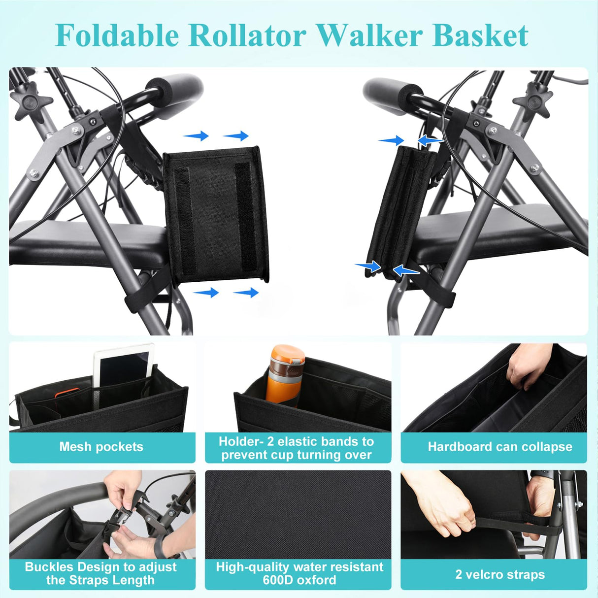 Dotday Rollator Basket with Cup Holder, Easy to Use Rollator Accessories Folding Storage Bag, Never Tipping Over