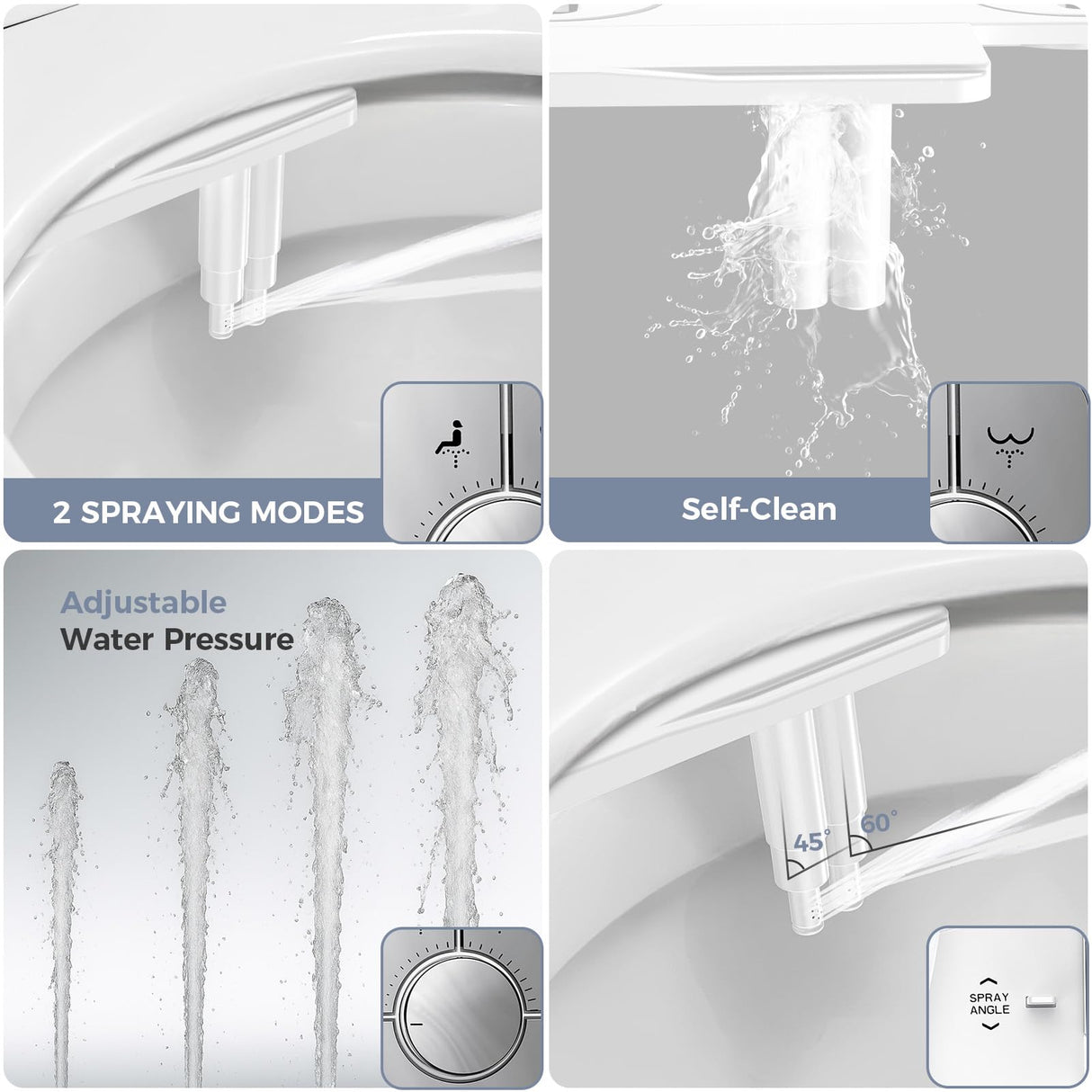 Vestomeli Upgrade Bidet Attachment for Toilet Seat, Adjustable Angle Dual Nozzle, Self-Cleaning, Non-Electric Bidet Attachment for Rear & Feminine Wash, Controllable Fresh Cold Water Pressure