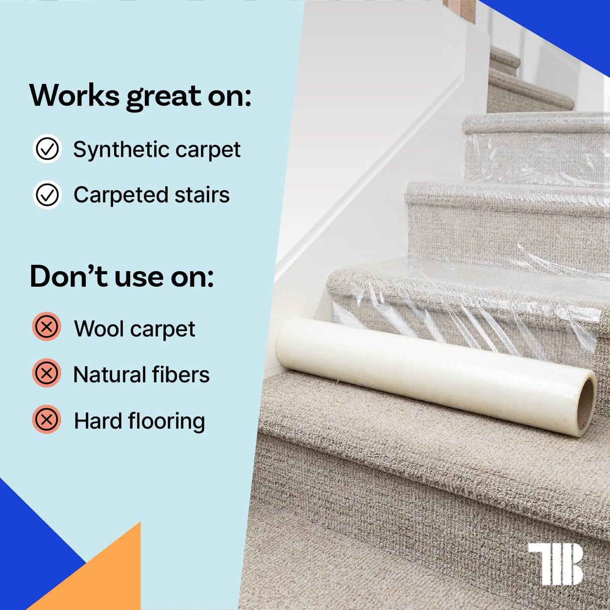 TapeManBlue Carpet Protection Film 24" x 200' roll, Self Adhesive Plastic Carpet Protector Film with Clean Removal & Easy Unwind, Durable Protection Tape to Shield Your Surface from Dirt and Spills