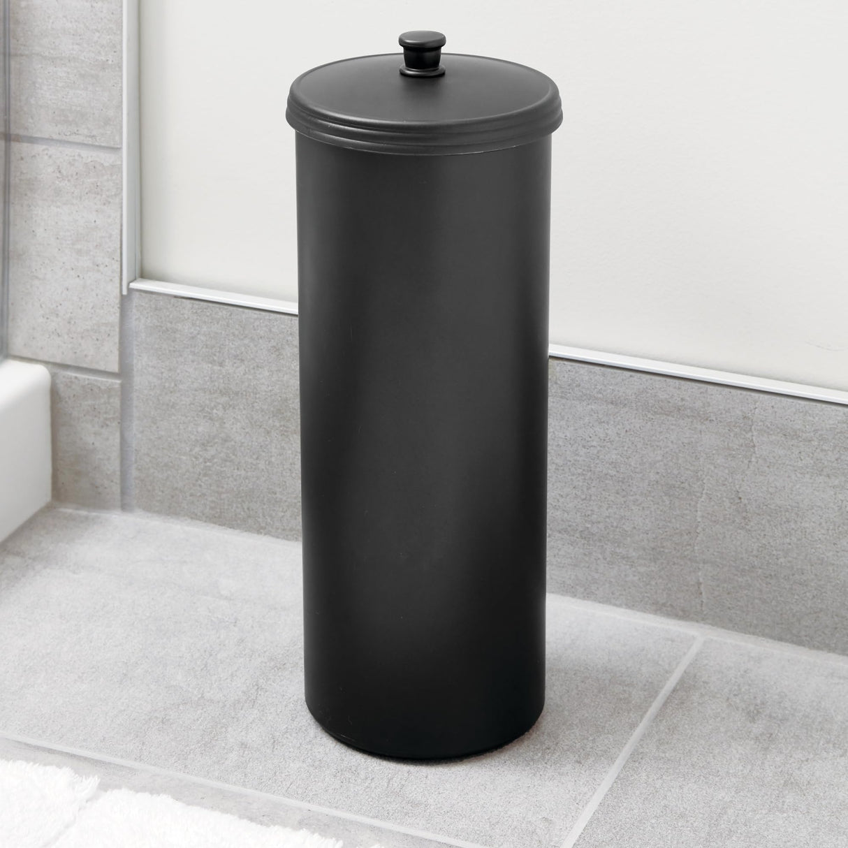 iDesign Freestanding Bathroom Toilet Paper Storage Holder with Lid for 3 Extra Rolls, Matte Black