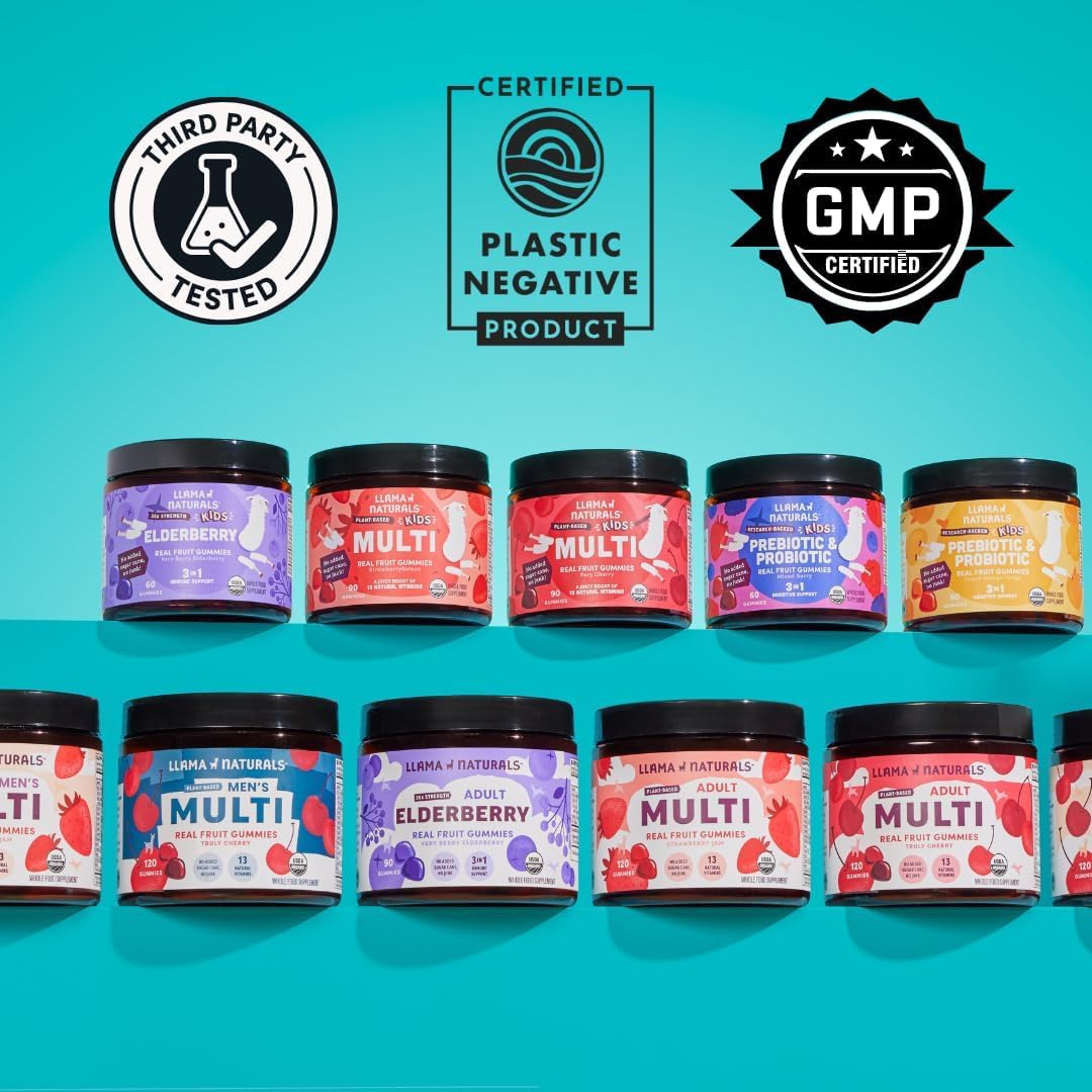 Llama Naturals Kids Multivitamin Gummies, Vegan, Organic with Vitamin D, C & K, Toddler Real Fruit Gummy Vitamins, Chewable Supplement, Whole Food Multivitamin, No Added Sugar Cane, Cherry, 90 Ct