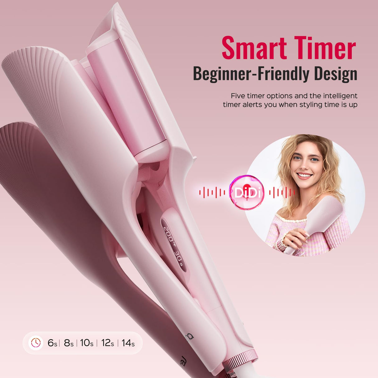 Hair Waver LENA S16 Beach Waves Curling Iron, Hair Tool for Women with 3 Titanium Ceramic Barrels, Anti-Scald Protection, Smart Timer & Adjustable Temps, Dual Voltage, 1.25 Inch, Pink