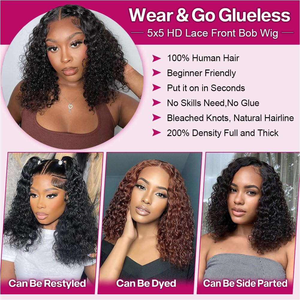 Ailwelia Deep Wave Bob Wig Human Hair 200% Density 5x5 Hd Lace Closure Wigs Human Hair Bob Wigs For Black Women Wear And Go Glueless Curly Bob Wig Deep Wave Wig 14 Inch