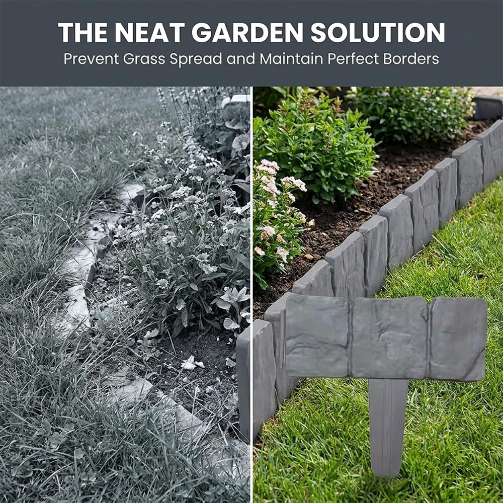 Decorative Imitation Stone Garden Fence: Plastic Edging Border Faux Stone Landscape Edging with Interlocking Spikes - Flexible Plastic Lawn Edging for Flower Beds, Yard, Pathway (20, Grey)