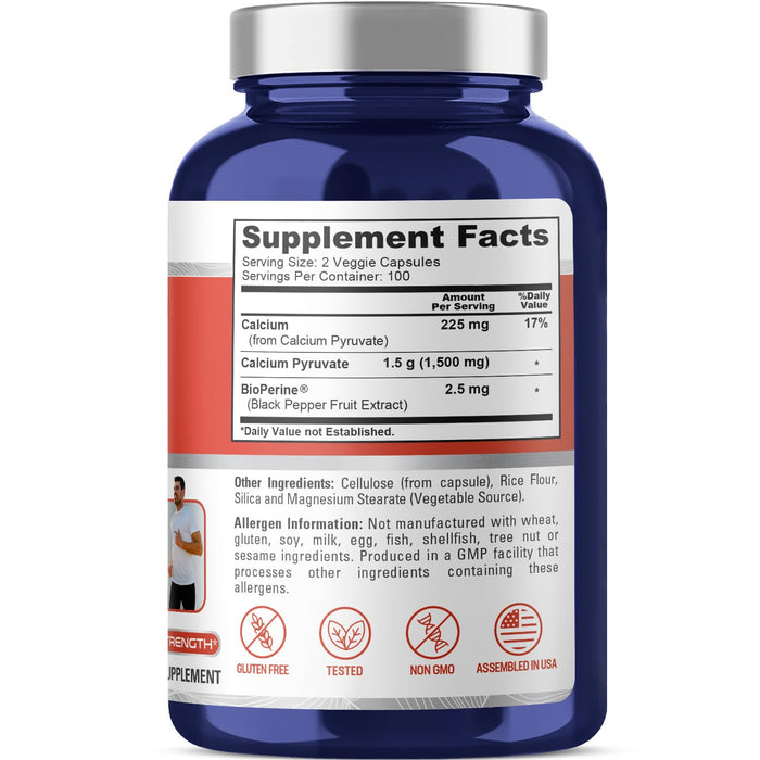 NusaPure Calcium Pyruvate 1500mg 200 Vegetarian Caps (Non-GMO, Gluten Free) - 750mg per caps