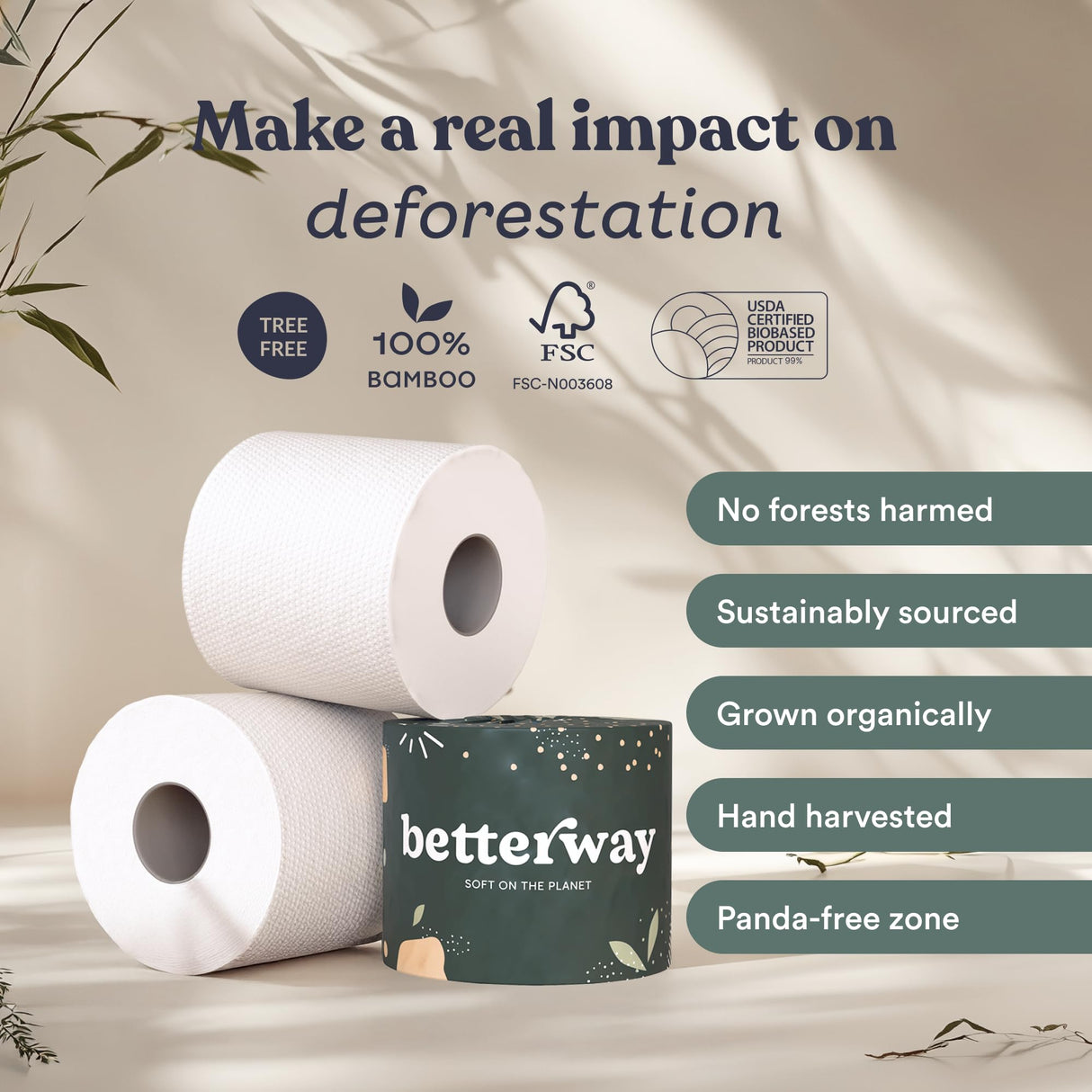 Betterway Bamboo Toilet Paper 3 Ply - Sustainable Toilet Tissue - 36 Long-Lasting Organic Rolls & 360 Sheets Per Roll - Septic Safe - Plastic & PFAS Free - FSC Certified