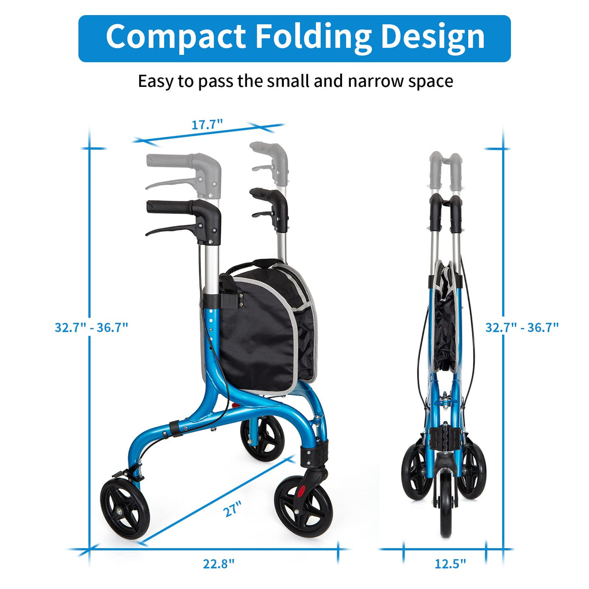 Planetwalk Premium 3 Wheel Rollator Walker for Seniors - Ultra Lightweight Foldable Walker for Elderly, Aluminum Three Wheel Mobility Aid, Brilliant Blue