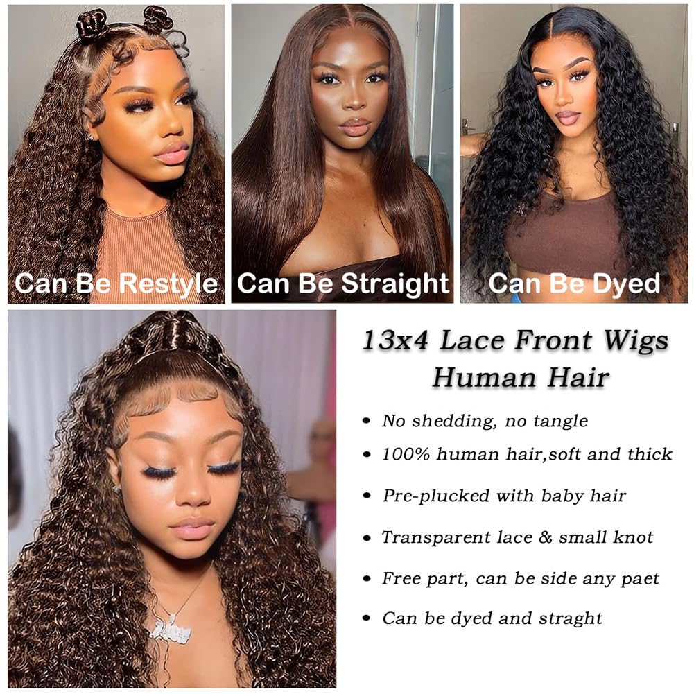 Chocolate Brown HD Lace Front Wigs Human Hair 180% Density 13x4 Water Curly Lace Front Wigs Human Hair Pre Plucked Glueless Wigs Human Hair for Black Women (20Inch, Brown)