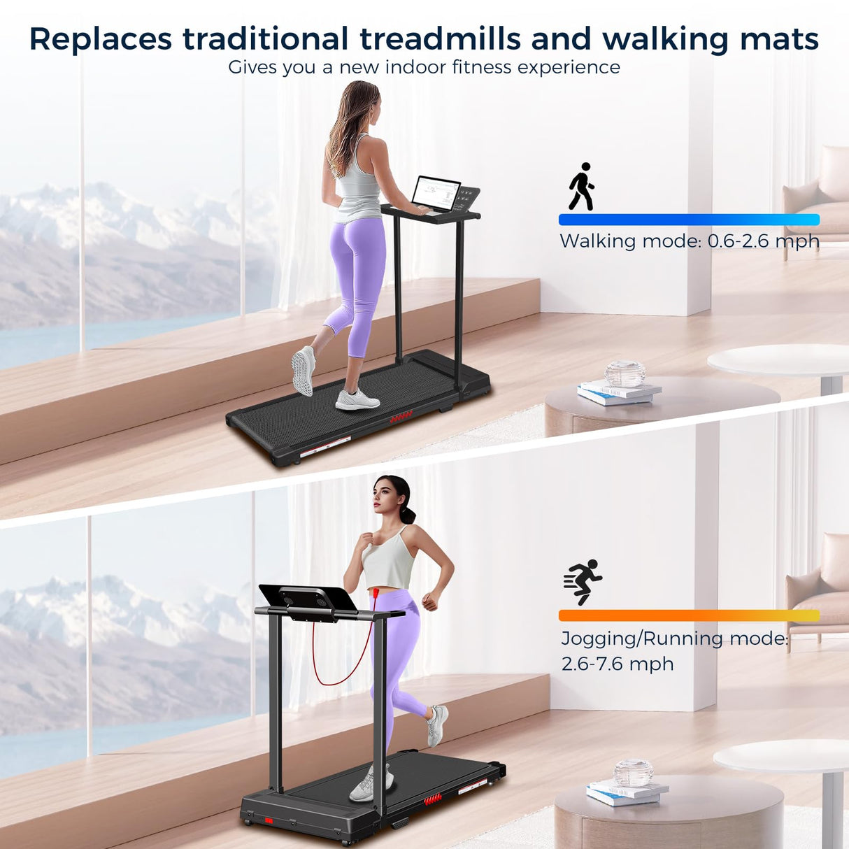 mudfac Walking Pad with Handle Bar, 3.0HP Under Desk Treadmill for Home Small with LED Display. Foldable Walking Pad Treadmill 300+ lb Capacity. Portable Workout Equipment for Home Exercise Fitness