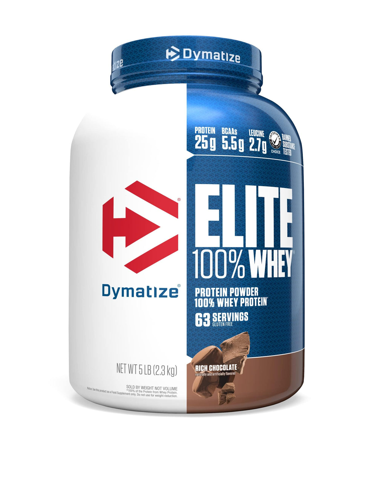 Dymatize Elite 100% Whey Protein Powder, 25g Protein, 5.5g BCAAs & 2.7 L-Leucine, Quick Absorbing & Fast Digesting for Optimal Muscle Recovery, Rich Chocolate, 5 Pound (63 Servings)