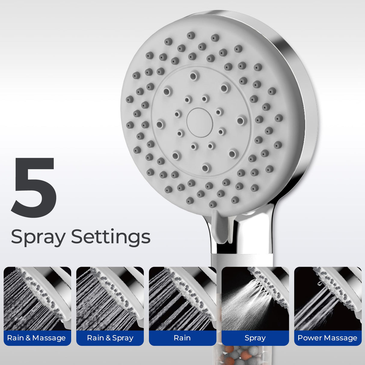 VANCOCO Handheld Shower Head with 2m Hose and Filter 5 Spray Modes Bathroom Showerhead Water Saving Universal Bath Shower Head (Chrome)