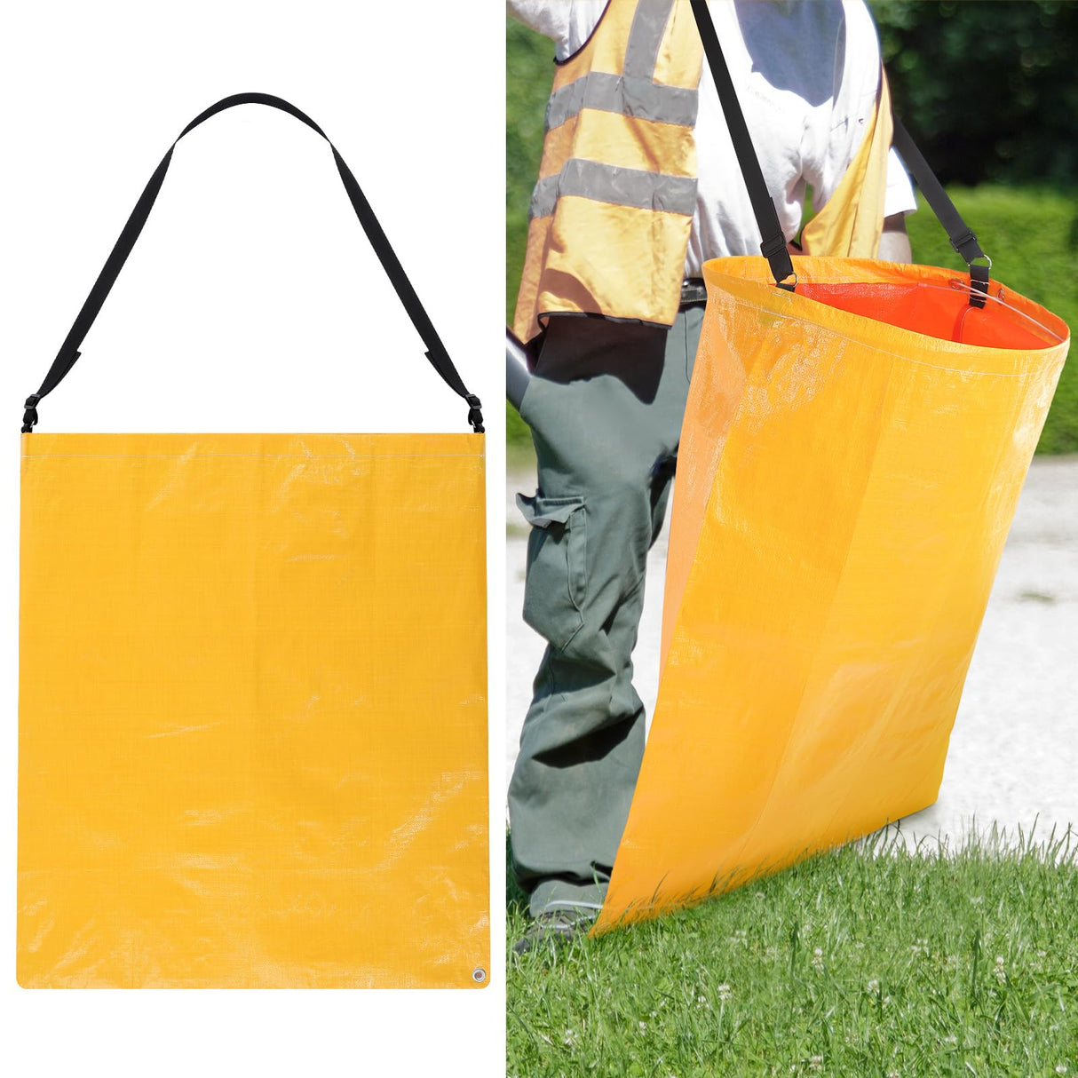 Faccito 1 Pack Litter Bag with Shoulder Strap Trash Pickup Bag Holder Lawn Leaf Chute Vinyl 4.45 Cubic Feet No Bending Portable Trash Picker Grabber for Patio Yard Garden (Yellow)