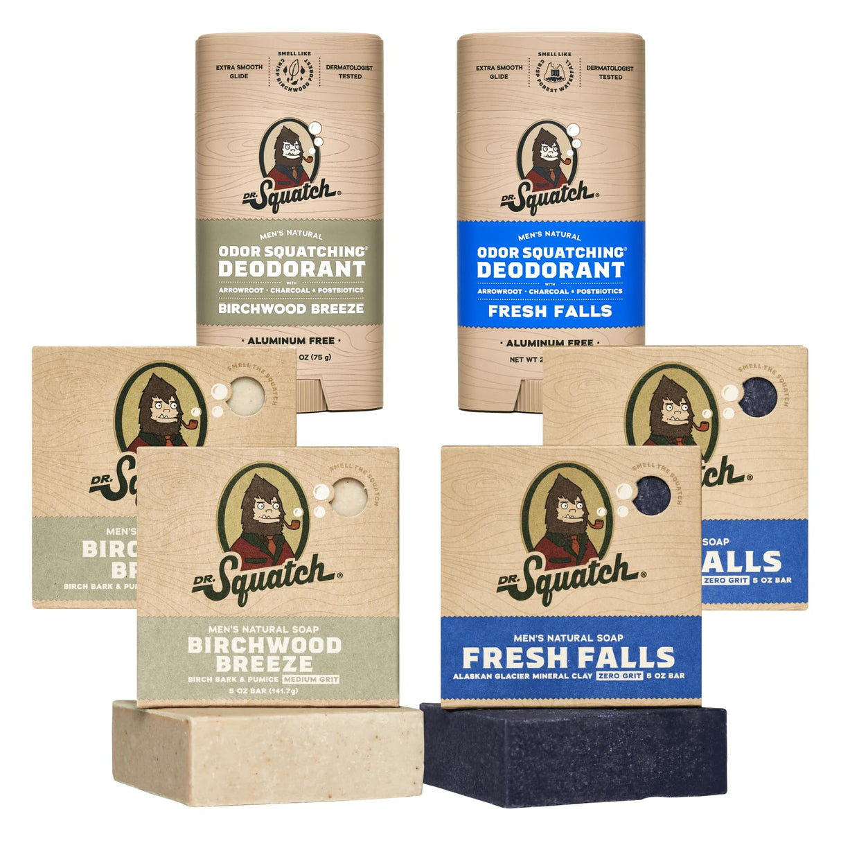 Dr. Squatch Manly Soap and Deodorant Variety Pack - Handmade with Organic Oils, Aluminum-Free - Birchwood Breeze and Fresh Falls