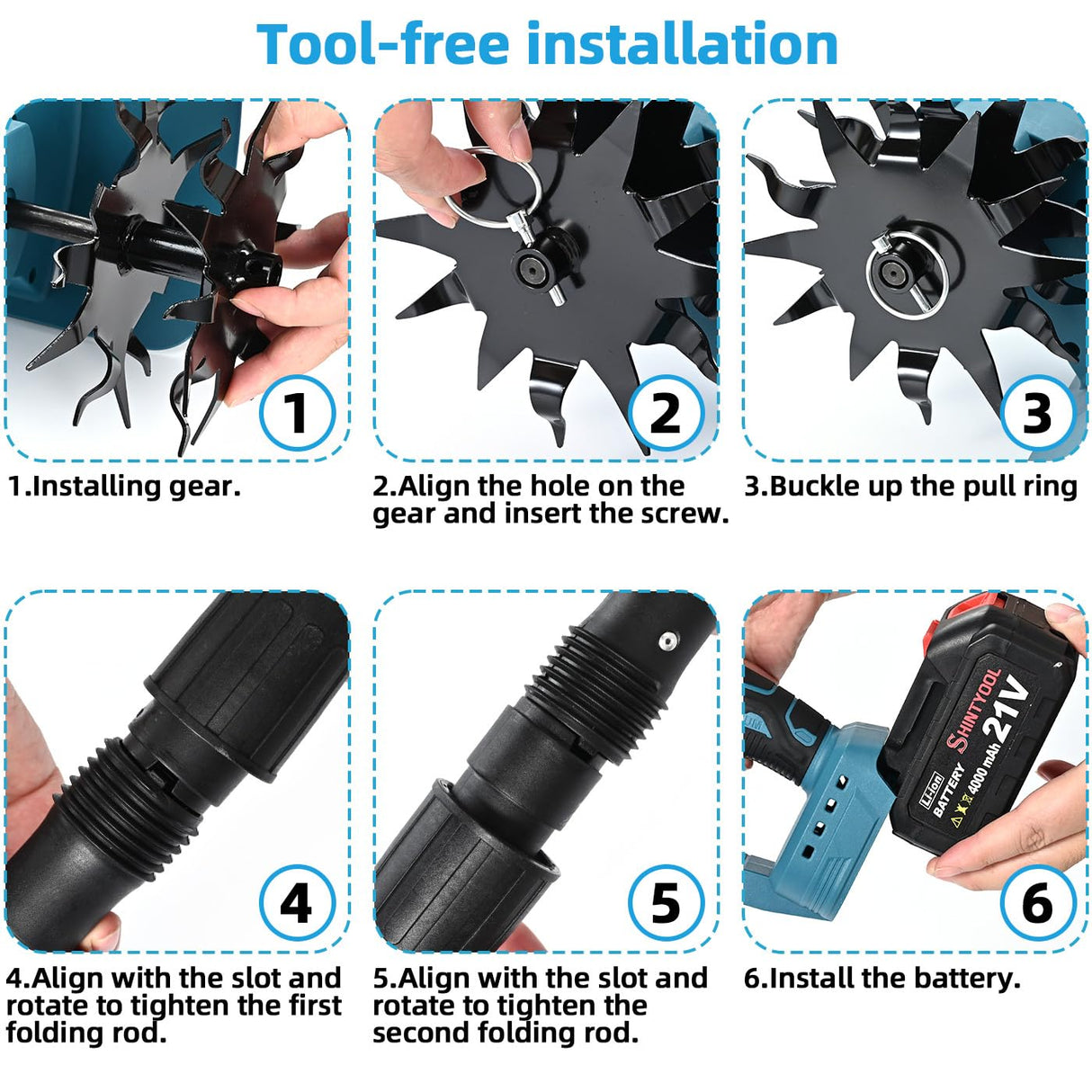 SHINTYOOL 21v Cordless Tiller Cultivator with 4.0 Ah Battery and Charger