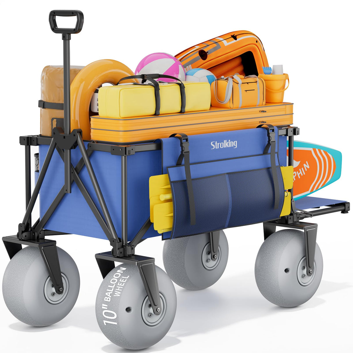 Strolking 51" Beach Wagon with 10" Inflatable PU Balloon Wheels, 440LBS Heavy Duty Beach Cart with Rear Tailgate, Air-Adjustable Foldable Wagon for Sand, Blue (Pump Included)