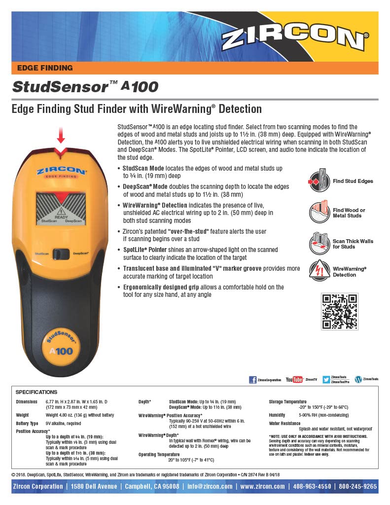 Zircon® StudSensor™ A100 Edge Finding Stud Finder Wall Scanner