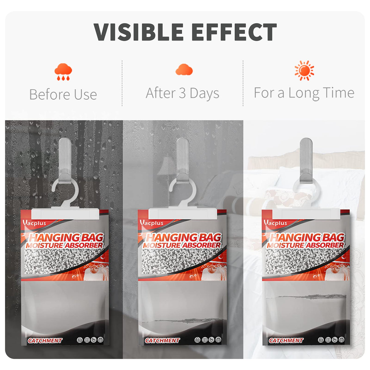 Vacplus Moisture Absorbers, Hanging Closet Dehumidifier Bags, Humidity Packs, Desiccant, Closet Dehumidifiers with Activated Charcoal, 10 Pack, 9.8 OZ