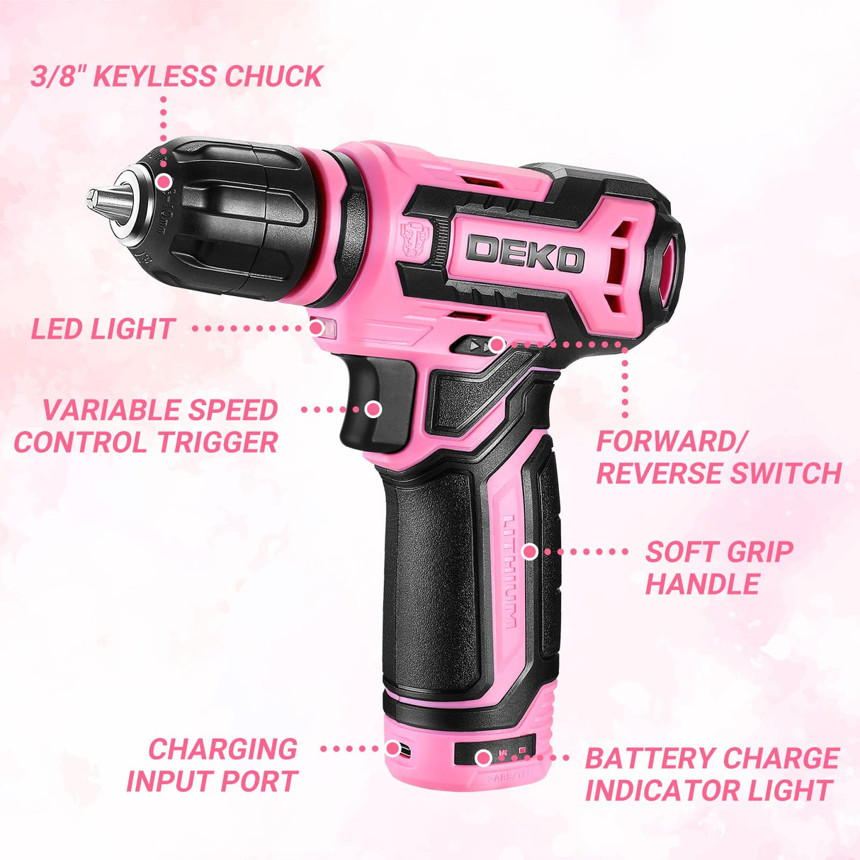 Cordless Drill:DEKOPRO 12V Power Drill Set with Pink 800RPM Electric Drills with Tool Set Gift Box, Pink Drill Set for Women