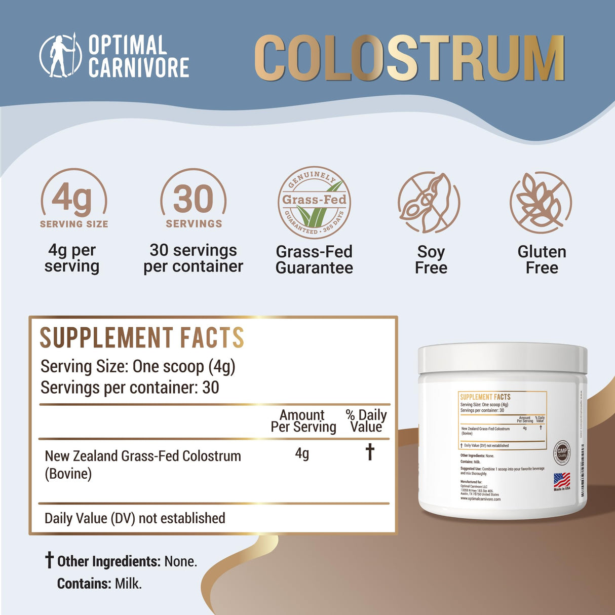 Grass Fed Colostrum Powder, Unflavored Bovine Colostrum for Humans, Colostrum Supplement Powder for Gut Health, Immune Support & Muscle Recovery, 120 grams, Colostrum Powder Grass Fed