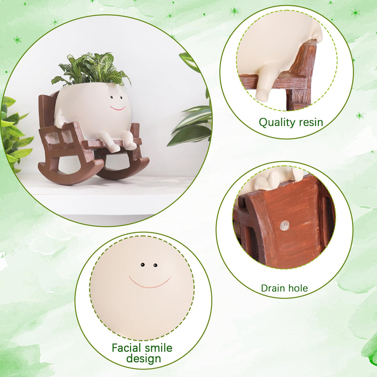 Camotank Smiley Face Rocking Chair Planters Flower Pots for Plants Funny Succulents Plant Live Cute Resin Head Planter for Indoor Outdoor Plants Gift Ideas for Mother and Christmas (Large)