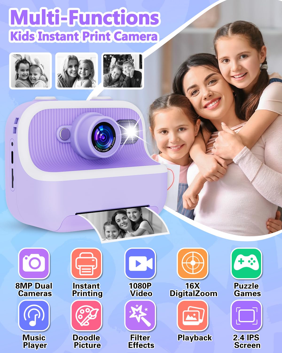 Instant Print Camera for Kids, Christmas Birthday Gifts for Girls Boys, Kids Camera Instant Print with Dual Camera 1080P Digital Camera Toys for 4 5 6 7 8 9 10 Year Old Girl with 32GB SD Card-Purple