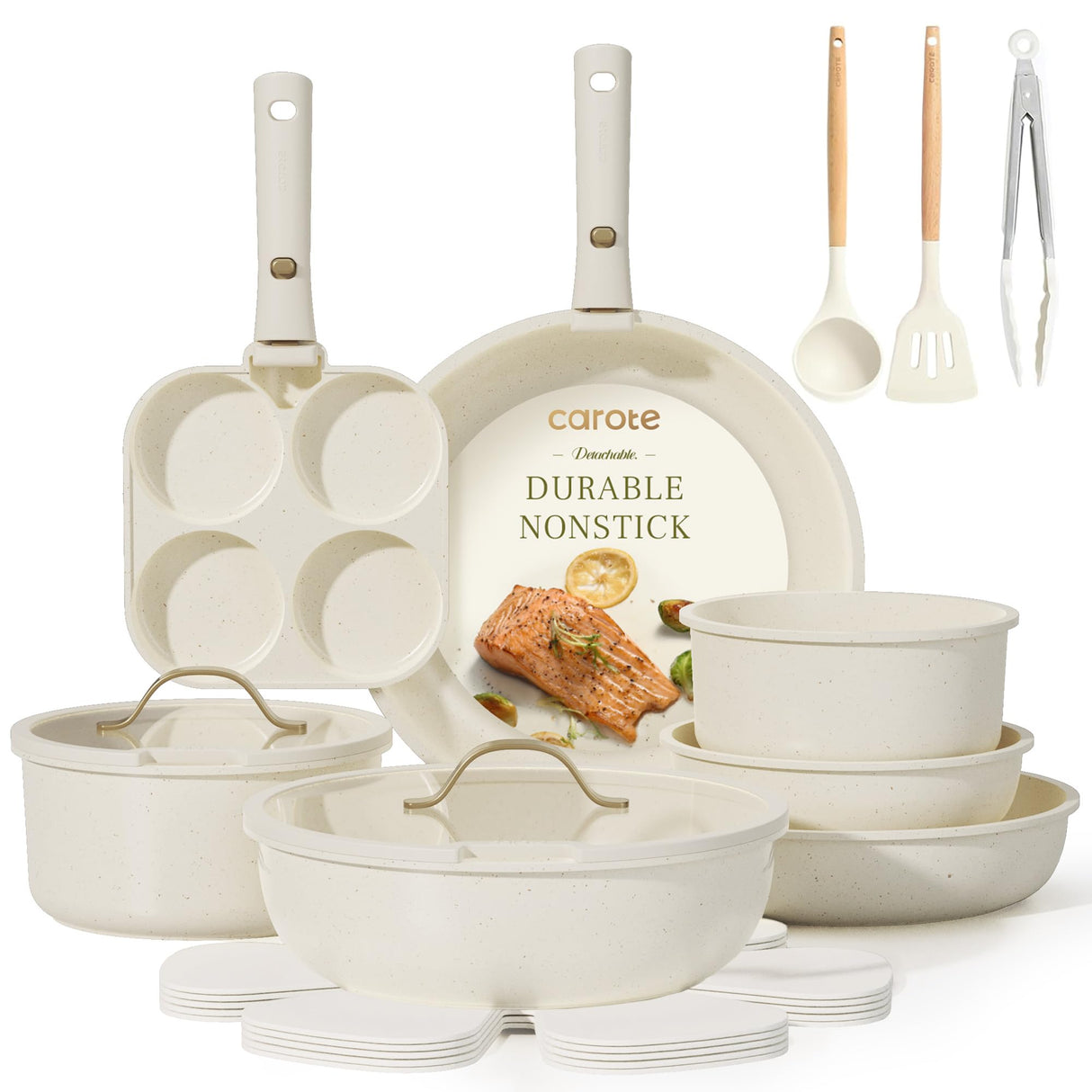 CAROTE 19pcs Pots and Pans Set Non Stick, Cookware Set with Detachable Handle, Kitchen Cookware Sets with Removable Handle, RV Cookware Set, Oven Safe, Cream White
