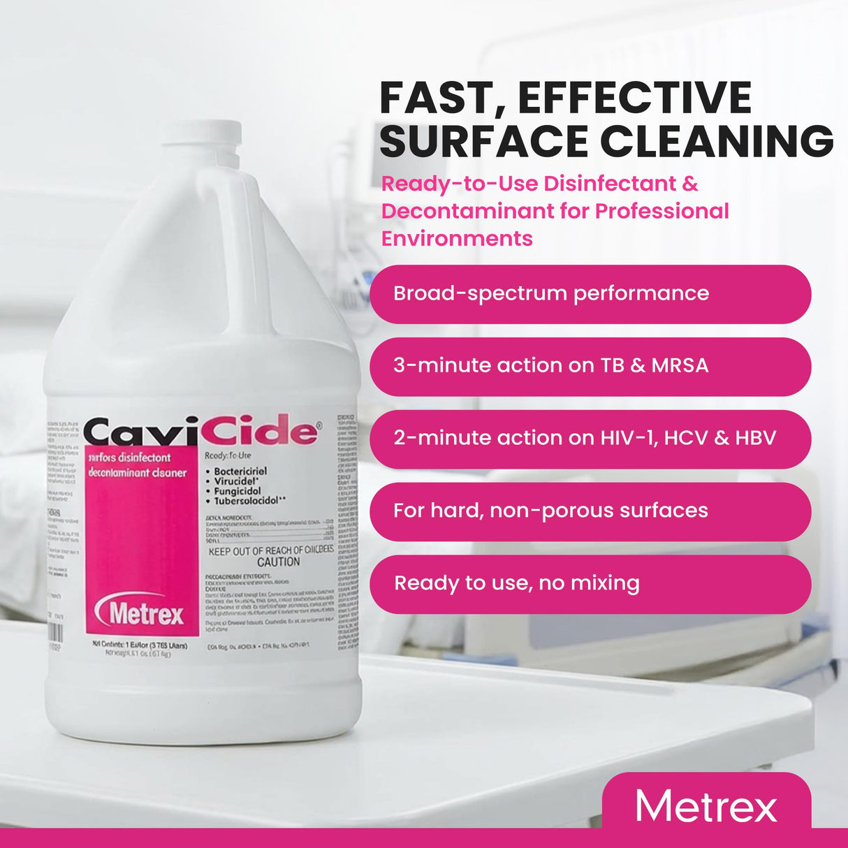 Metrex CaviCide Germicidal Surface Disinfectant Cleaner – EPA-Registered Quaternary Ammonium – Kills Flu Virus, Bacteria & Fungi – Hospital-Grade for Medical, Dental & Lab – 1 Gallon, Pack of 4 (Case)