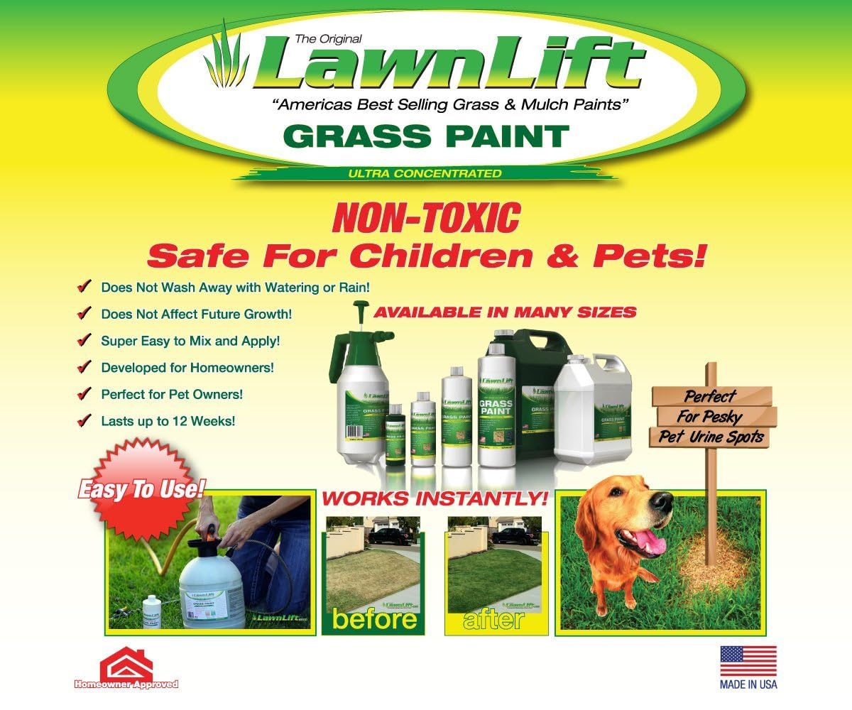 Lawnlift Ultra Concentrated (Green) Grass Paint 64oz. Covers up to 2000 sq feet* Coverage Will Vary depending on Condition of Grass, Sprayer Setting, Dilution Ratio and Desired Shade.