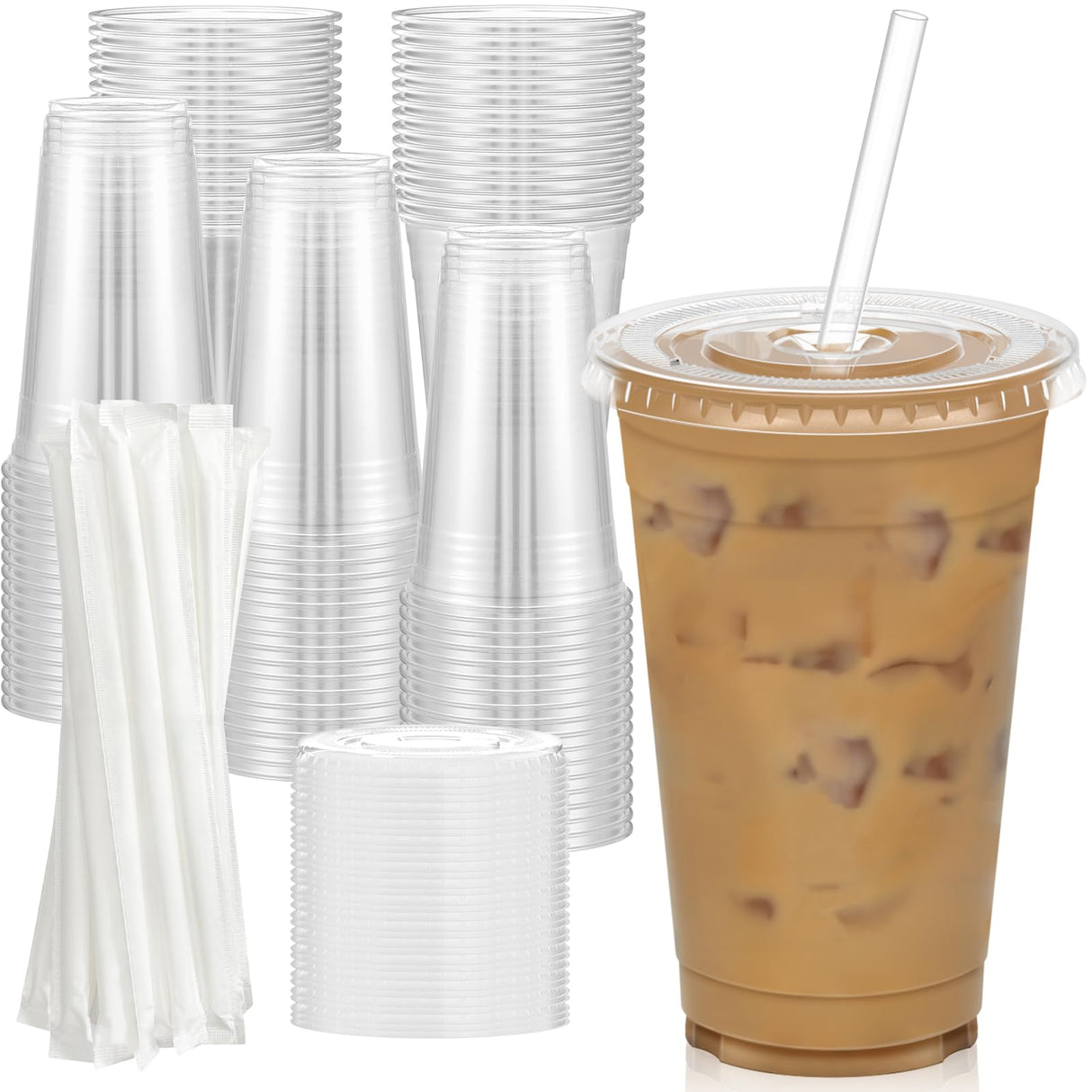Dealusy 100 Pack - 20 oz Clear Plastic Cups with Lids and Straws, Sturdy & Food Safe Iced Coffee Cups with lids, Disposable Plastic Smoothie Cups for Cold Drinks